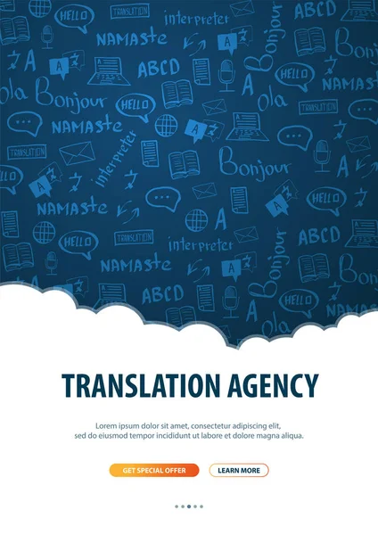 Bandiera del traduttore di lingua con scarabocchio disegnato a mano sullo sfondo. Concetto di agenzia di traduzione e interpretariato . — Vettoriale Stock