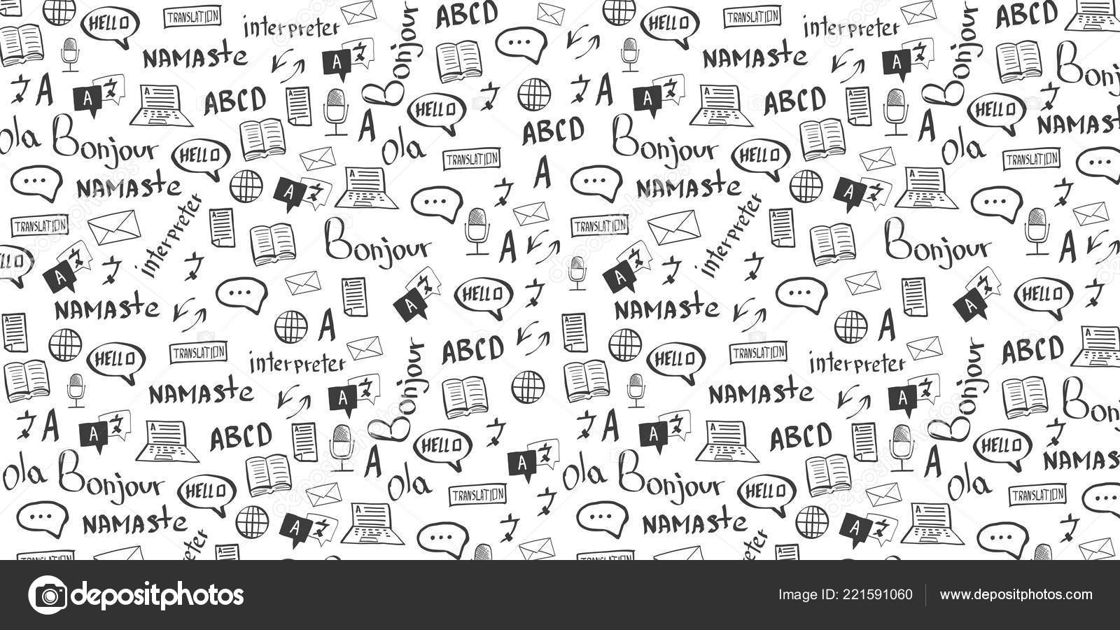 语言翻译横幅与手绘涂鸦的背景。翻译代理和口译的概念. 图库矢量图©leo_design 221591060