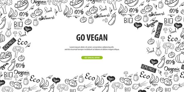 Vegan Hälsosam Mat Vegetarisk Banner Hand Draw Doodle Bakgrund Vektorillustration — Stock vektor