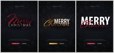 Merry Christmas kar taneleri ile koyu arka plan üzerinde tipografik kümesi. Noel kartı. Vektör çizim.