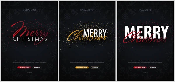 Set of Merry Christmas typographical on dark background with snowflakes. Xmas card. Vector Illustration. — Stock Vector