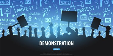 Bayraklar, pankartlar ile insan siluetleri kalabalık. Gösteri, tezahürü, protesto, strike, devrim. El-beraberlik ile banner arka plan üzerindeki öğelerin doodle.
