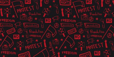 Gösteri, tezahürü, protesto, strike, devrim. El-beraberlik ile banner arka plan üzerindeki öğelerin doodle.