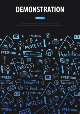 Gösteri, tezahürü, protesto, strike, devrim. El-beraberlik ile banner arka plan üzerindeki öğelerin doodle.
