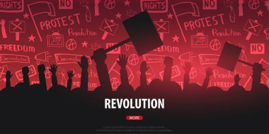 Bayraklar, pankartlar ile insan siluetleri kalabalık. Gösteri, tezahürü, protesto, strike, devrim. El-beraberlik ile banner arka plan üzerindeki öğelerin doodle.