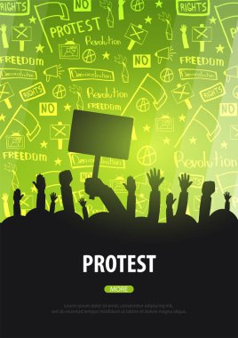 Bayraklar, pankartlar ile insan siluetleri kalabalık. Gösteri, tezahürü, protesto, strike, devrim. El-beraberlik ile banner arka plan üzerindeki öğelerin doodle.