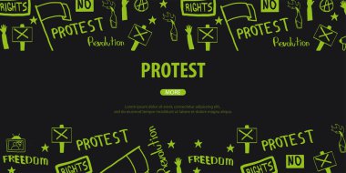 Gösteri, tezahürü, protesto, strike, devrim. El-beraberlik ile banner arka plan üzerindeki öğelerin doodle.
