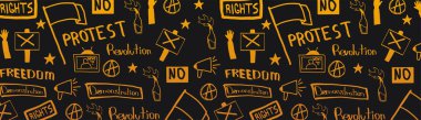 Gösteri, tezahürü, protesto, strike, devrim. El-beraberlik ile banner arka plan üzerindeki öğelerin doodle.