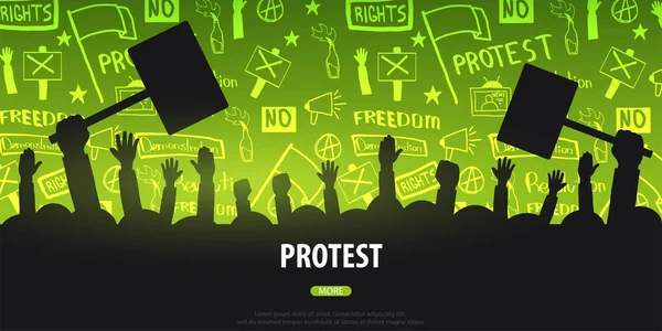 Bayraklar, pankartlar ile insan siluetleri kalabalık. Gösteri, tezahürü, protesto, strike, devrim. El-beraberlik ile banner arka plan üzerindeki öğelerin doodle.