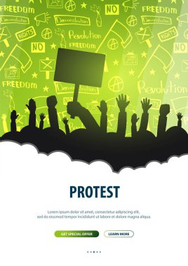 Bayraklar, pankartlar ile insan siluetleri kalabalık. Gösteri, tezahürü, protesto, strike, devrim. El-beraberlik ile banner arka plan üzerindeki öğelerin doodle.