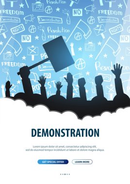 Bayraklar, pankartlar ile insan siluetleri kalabalık. Gösteri, tezahürü, protesto, strike, devrim. El-beraberlik ile banner arka plan üzerindeki öğelerin doodle.