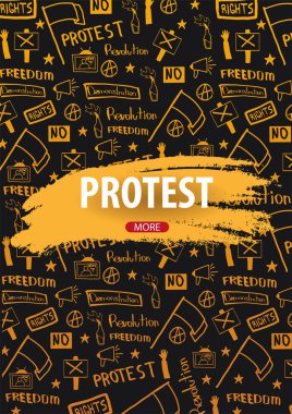Gösteri, tezahürü, protesto, strike, devrim. El-beraberlik ile banner arka plan üzerindeki öğelerin doodle.