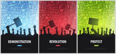 Bayraklar, pankartlar ile insan siluetleri kalabalık. Gösteri, tezahürü, protesto, strike, devrim. El-beraberlik doodle öğeleri üzerinde arka plan afiş kümesiyle.