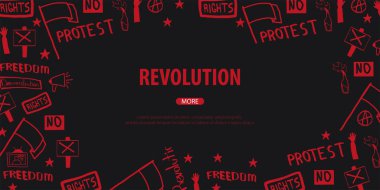 Gösteri, tezahürü, protesto, strike, devrim. El-beraberlik ile banner arka plan üzerindeki öğelerin doodle