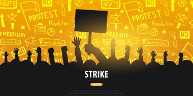 Bayraklar, pankartlar ile insan siluetleri kalabalık. Gösteri, tezahürü, protesto, strike, devrim. El-beraberlik ile banner arka plan üzerindeki öğelerin doodle.