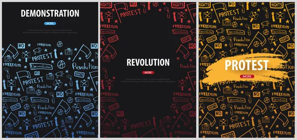 Manifestação, manifestação, protesto, greve, revolução. Banner com elementos de doodle desenhados à mão no fundo . — Vetor de Stock