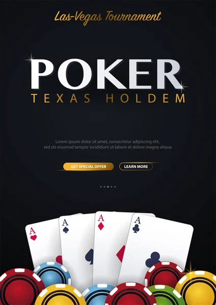 Banner de casino con fichas y tarjetas de casino. Club de póquer Texas Holdem. Ilustración vectorial . — Archivo Imágenes Vectoriales