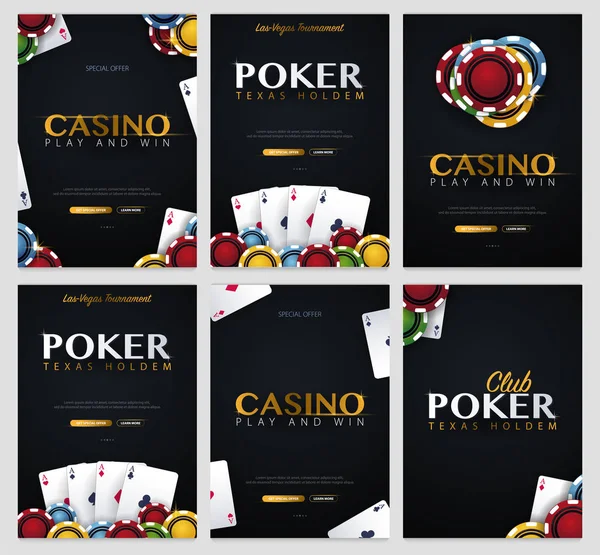 Conjunto de banners de Casino con fichas y tarjetas de casino. Club de póquer Texas Holdem. Ilustración vectorial . — Archivo Imágenes Vectoriales