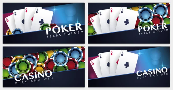 Conjunto de banners de Casino con fichas y tarjetas de casino. Club de póquer Texas Holdem. Ilustración vectorial . — Archivo Imágenes Vectoriales