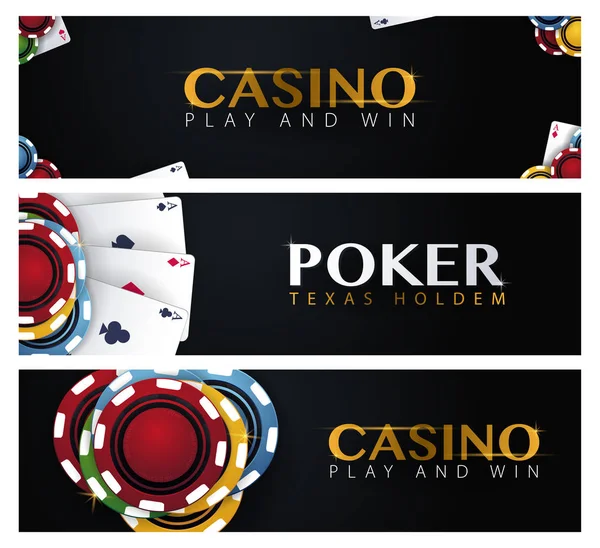 Conjunto de banners de Casino con fichas y tarjetas de casino. Club de póquer Texas Holdem. Ilustración vectorial . — Archivo Imágenes Vectoriales