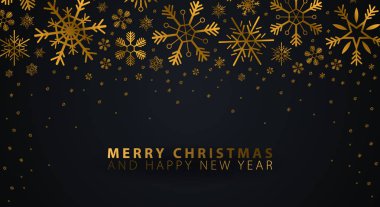 Mutlu Noeller ve mutlu yeni yıl. Koyu arka plan ile altın kar tanesi. Vektör çizim.