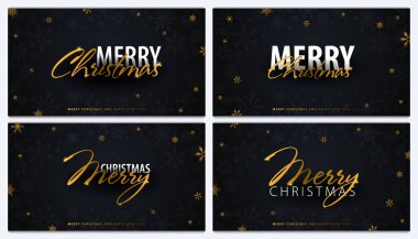Mutlu Noeller ve mutlu yeni yıl afiş kümesi. Koyu arka plan ile altın kar tanesi. Vektör çizim.