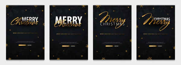 Set of Merry Christmas and Happy New Year banners. Dark background with gold snowflakes. Vector illustration. — Stock Vector