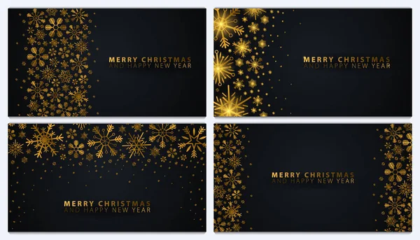 Set of Merry Christmas and Happy New Year banners. Dark background with gold snowflakes. Vector illustration. — Stock Vector