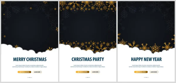 Set de Feliz Navidad y Feliz Año Nuevo banners. Fondo oscuro con copos de nieve dorados. Ilustración vectorial . — Vector de stock
