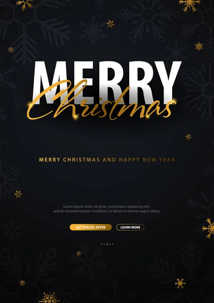 Merry Christmas and Happy New Year. Dark background with gold snowflakes. Vector illustration. — Stock Vector