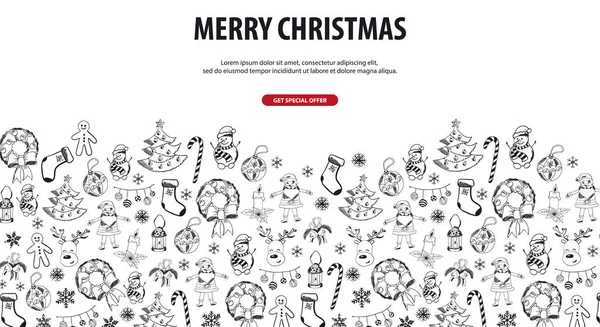 Feliz Navidad y Feliz Año Nuevo. Fondo con elementos garabatos de Navidad dibujar a mano. Ilustración vectorial . — Vector de stock