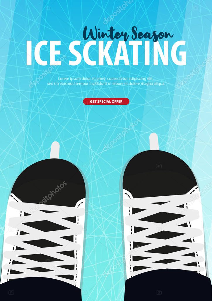 Banner with Ice skates. Figure skating. Texture of ice surface. Winter sports. Vector illustration background.