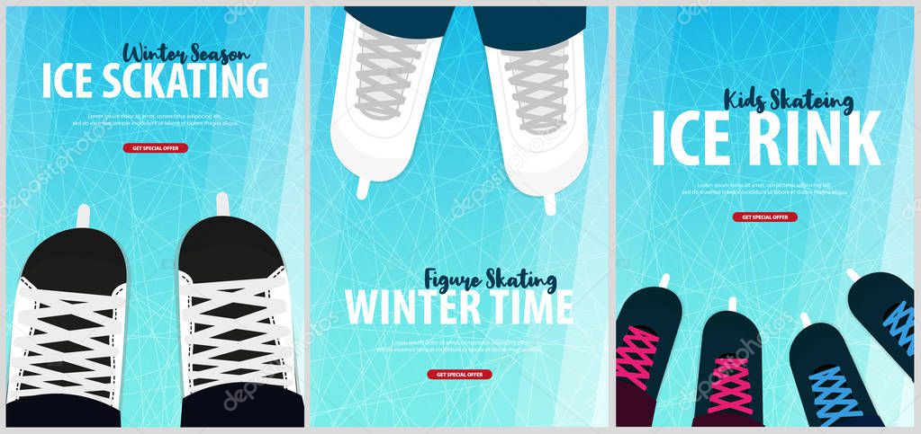 Set of Banners with Ice skates. Figure skating. Texture of ice surface. Winter sports. Vector illustration background.
