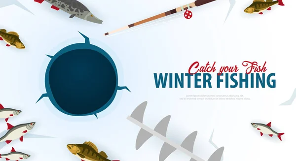 Pesca no gelo de inverno no lago. Banner com peixe, haste e parafuso de gelo. Ilustração vetorial plana . —  Vetores de Stock