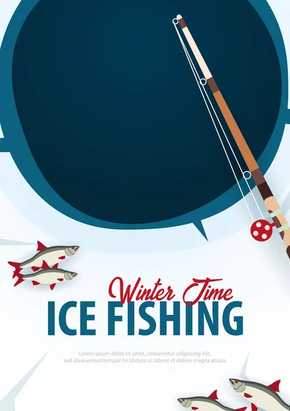 Winter Ice Fishing on the lake. Banner with fish, rod and ice screw. Vector Flat illustration. — Stock Vector