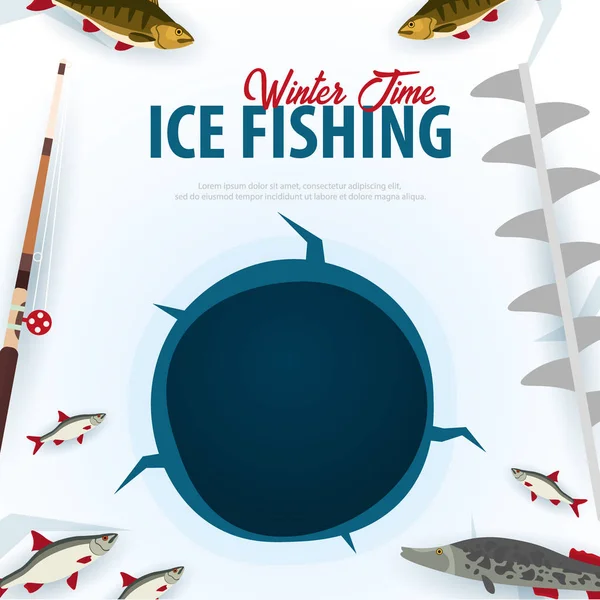 Pesca de hielo de invierno en el lago. Banner con pescado, varilla y tornillo de hielo. Vector Ilustración plana . — Archivo Imágenes Vectoriales