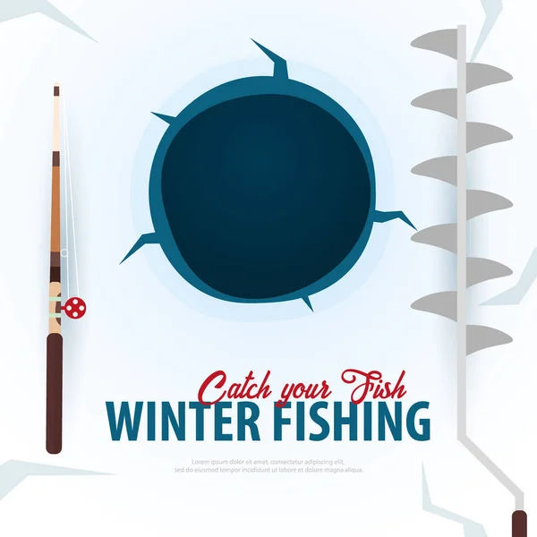 Pesca no gelo de inverno no lago. Banner com peixe, haste e parafuso de gelo. Ilustração vetorial plana . —  Vetores de Stock