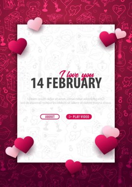 Sevgililer günü afiş doodle arka plan ile. 14 Şubat. Vektör çizim.