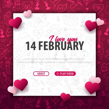 Sevgililer günü afiş doodle arka plan ile. 14 Şubat. Vektör çizim.