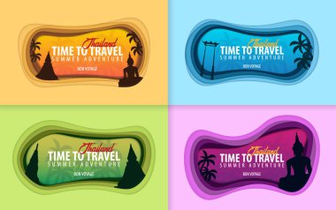 Tayland afiş kümesi. Seyahat zamanı geldi. Kağıt kesme ve el sanatları tarzı. Vektör çizim.