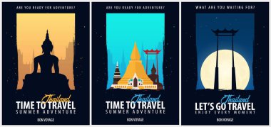 Tayland. Afiş kümesi seyahat zamanı. Vektör çizim.