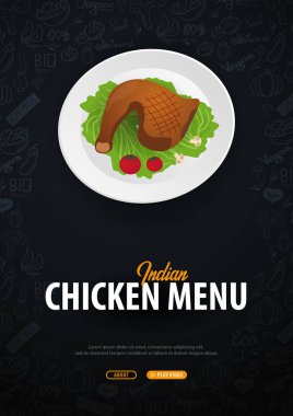 Hint tavuk menü. Tavuk yemeği. El-beraberlik ile banner arka plan öğelerinde doodle. Vektör çizim.