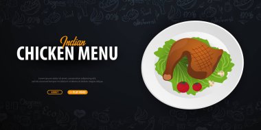 Hint tavuk menü. Tavuk yemeği. El-beraberlik ile banner arka plan öğelerinde doodle. Vektör çizim.