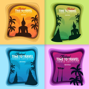Tayland afiş kümesi. Seyahat zamanı geldi. Kağıt kesme ve el sanatları tarzı. Vektör çizim.