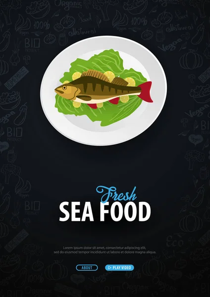 Frutti di mare freschi. Piatto di pesce. Banner con elementi scarabocchi disegnati a mano sullo sfondo. Illustrazione vettoriale . — Vettoriale Stock