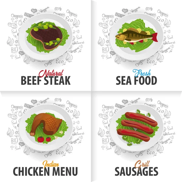 Set di piatti di carne. Carne, pesce, pollo e salsicce. Banner con elementi scarabocchi disegnati a mano sullo sfondo. Illustrazione vettoriale . — Vettoriale Stock