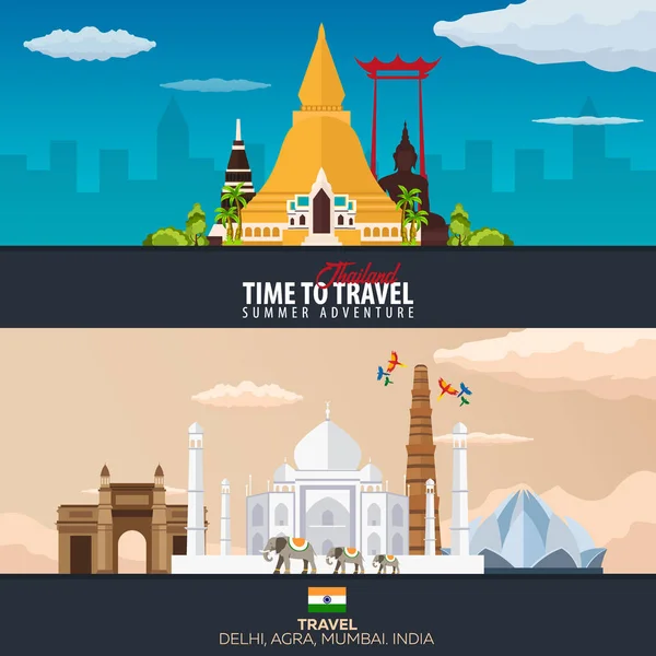 Thailand en India. Reizen banners. Vectorillustratie. — Stockvector