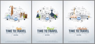 Travel to India, Brazil and Australia. Time to Travel. Banner with airplane and hand-draw doodles on the background. Vector Illustration. clipart