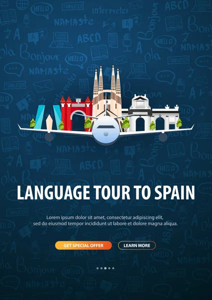 Viaje de idiomas, tour, viaje a España. Aprender idiomas. Ilustración vectorial con elementos garabatos dibujados a mano en el fondo . — Archivo Imágenes Vectoriales