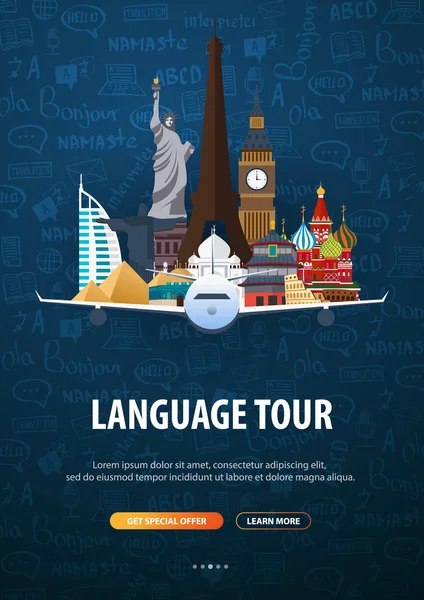 Viaje de idiomas, tour, viaje. Aprender idiomas. Ilustración vectorial con elementos garabatos dibujados a mano en el fondo . — Vector de stock